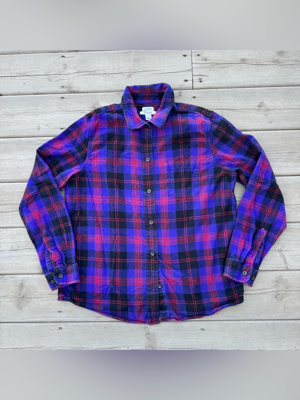 LL Bean Flannel Shirt Women's Purple Scotch Plaid Relaxed Fit Button Size M
